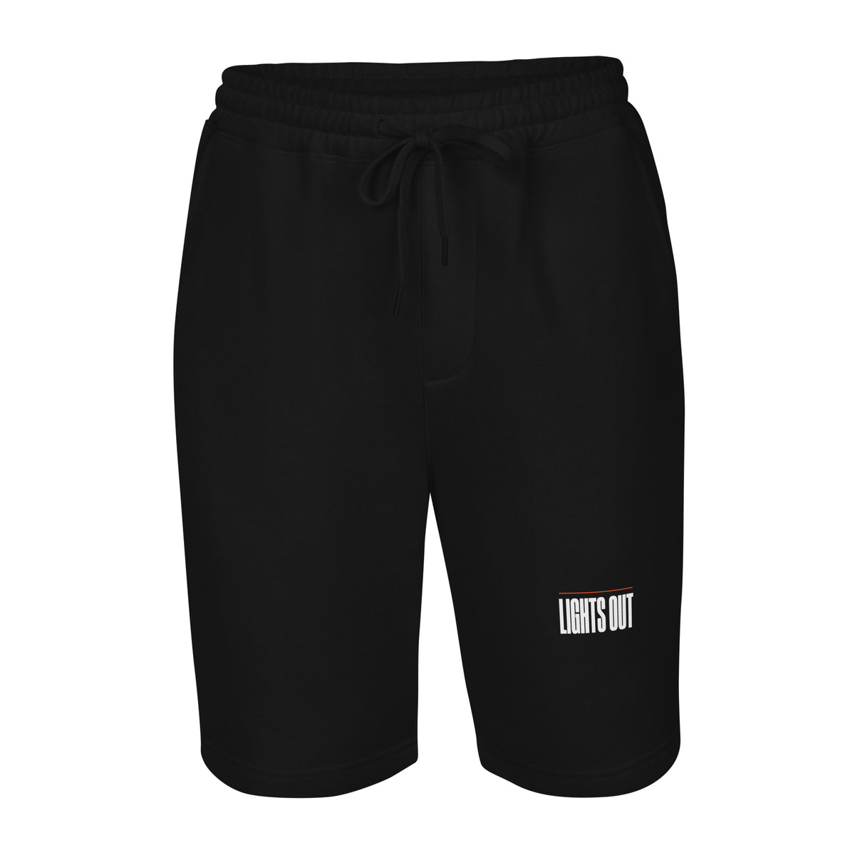 Lights Out Shorts in Black, front, small white LIGHTS OUT logo on the left leg