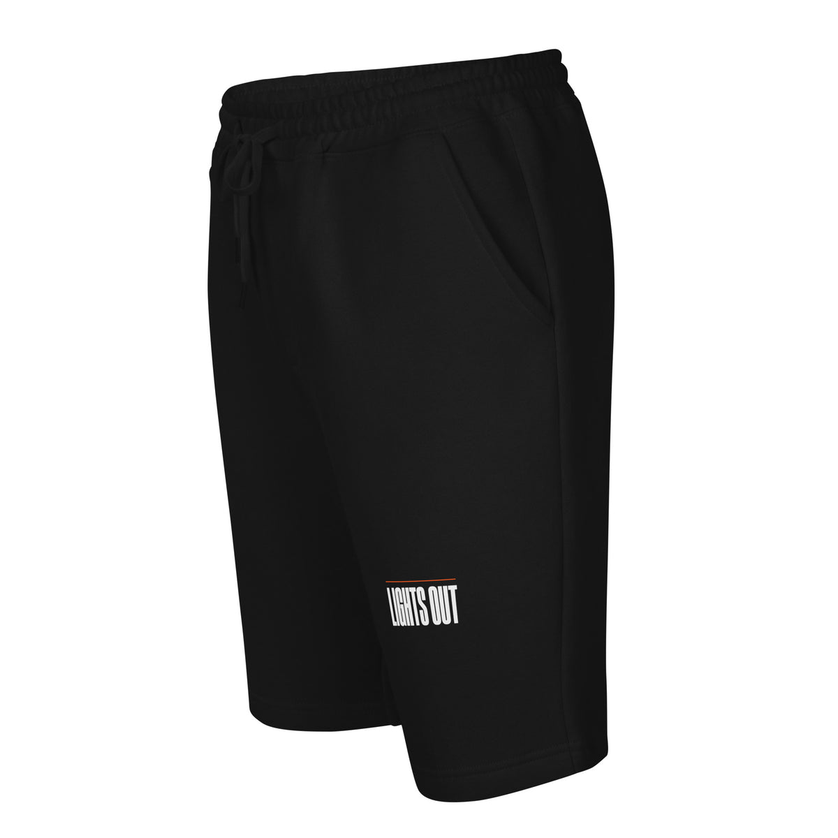 Lights Out Shorts in Black, left side, small white LIGHTS OUT logo on the left leg