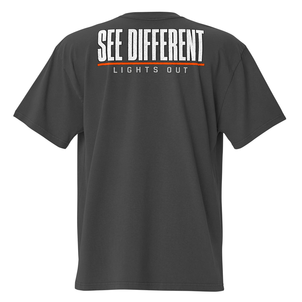 Lights Out Heavyweight Tee in Faded Black, back, white SEE DIFFERENT print