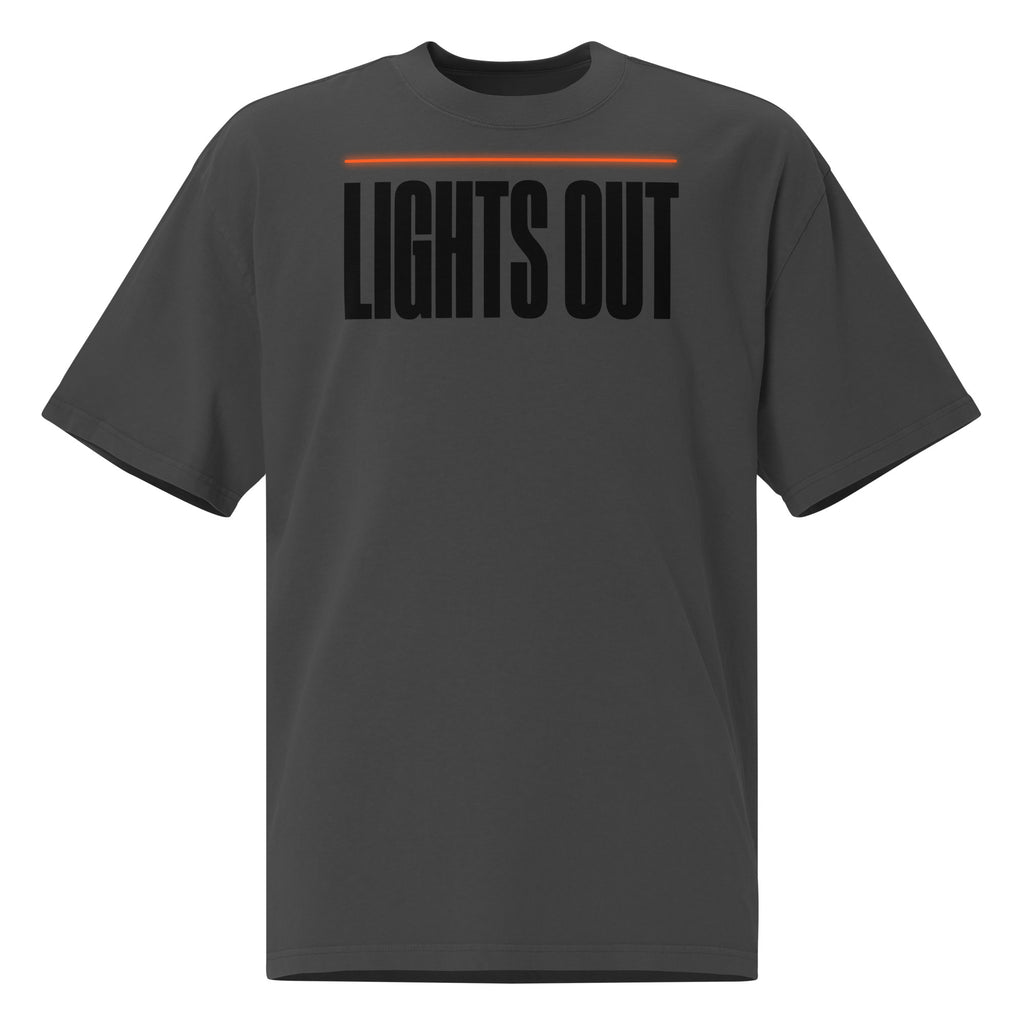 Lights Out Heavyweight Tee in Faded Black, front, black LIGHTS OUT logo with neon orange line