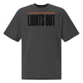 Lights Out Heavyweight Tee in Faded Black, front, black LIGHTS OUT logo with neon orange line