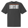 Lights Out Heavyweight Tee in Faded Black, front, white LIGHTS OUT logo with neon orange line