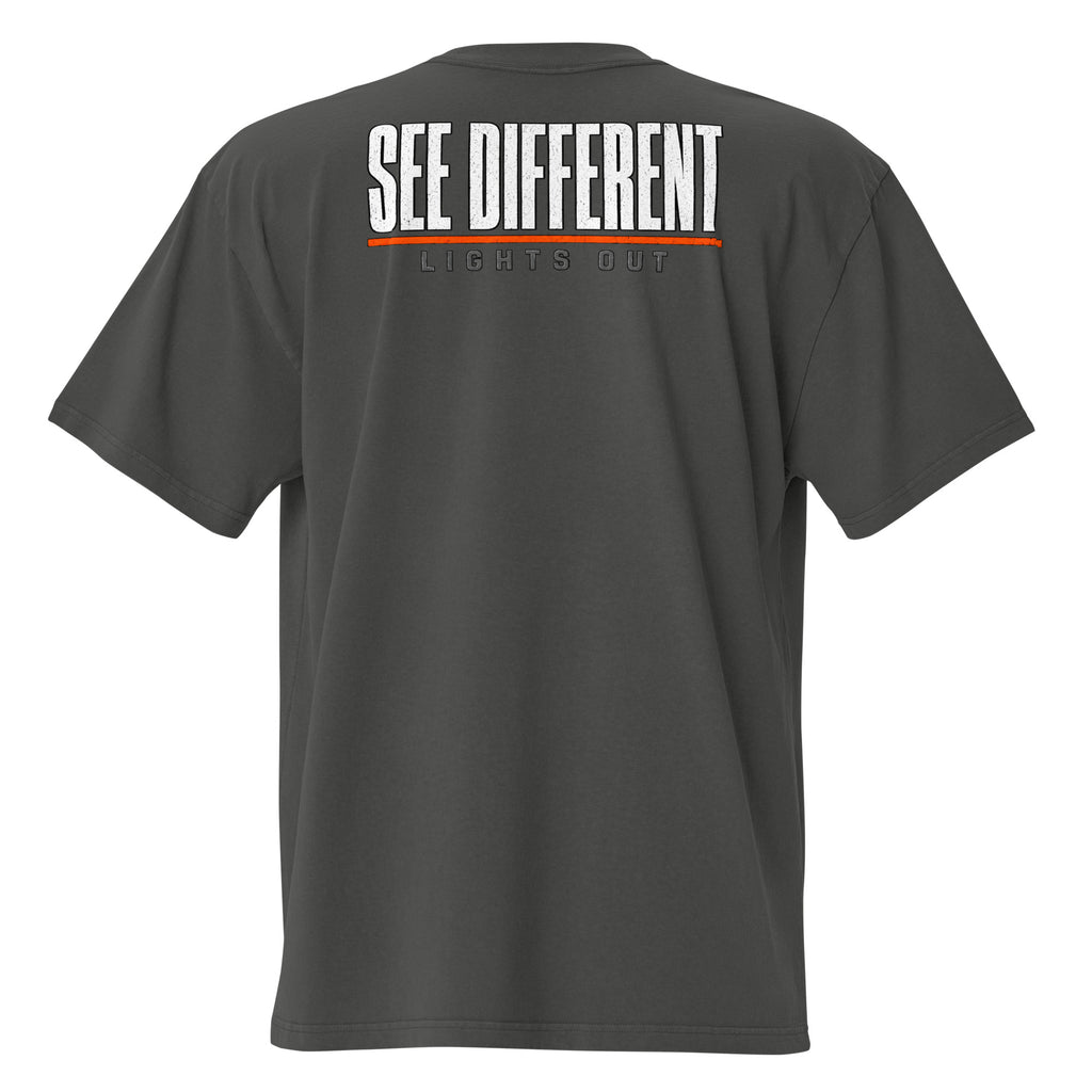 Lights Out Heavyweight Tee in Faded Coal, back, white SEE DIFFERENT print