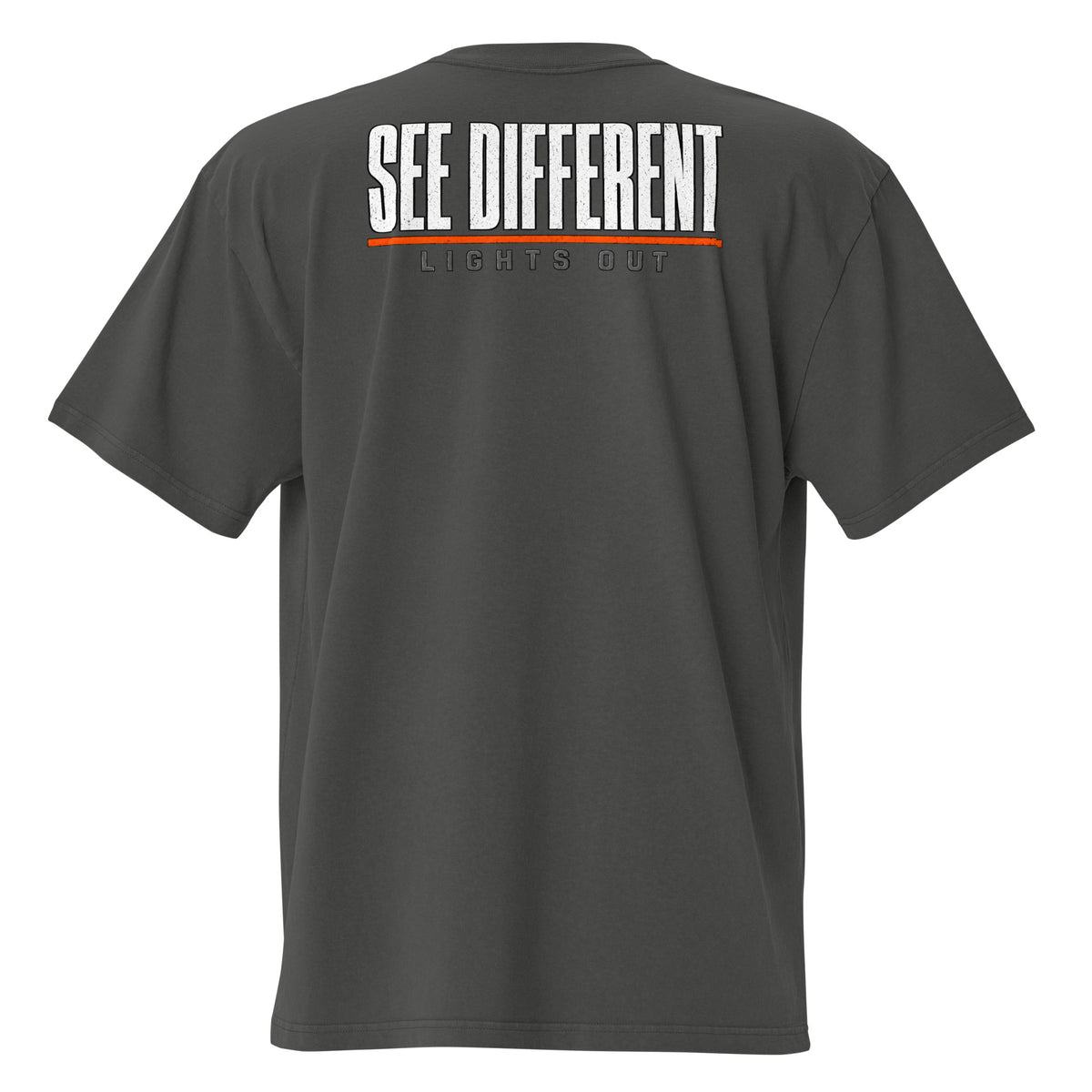Lights Out Heavyweight Tee in Faded Coal, back, white SEE DIFFERENT print