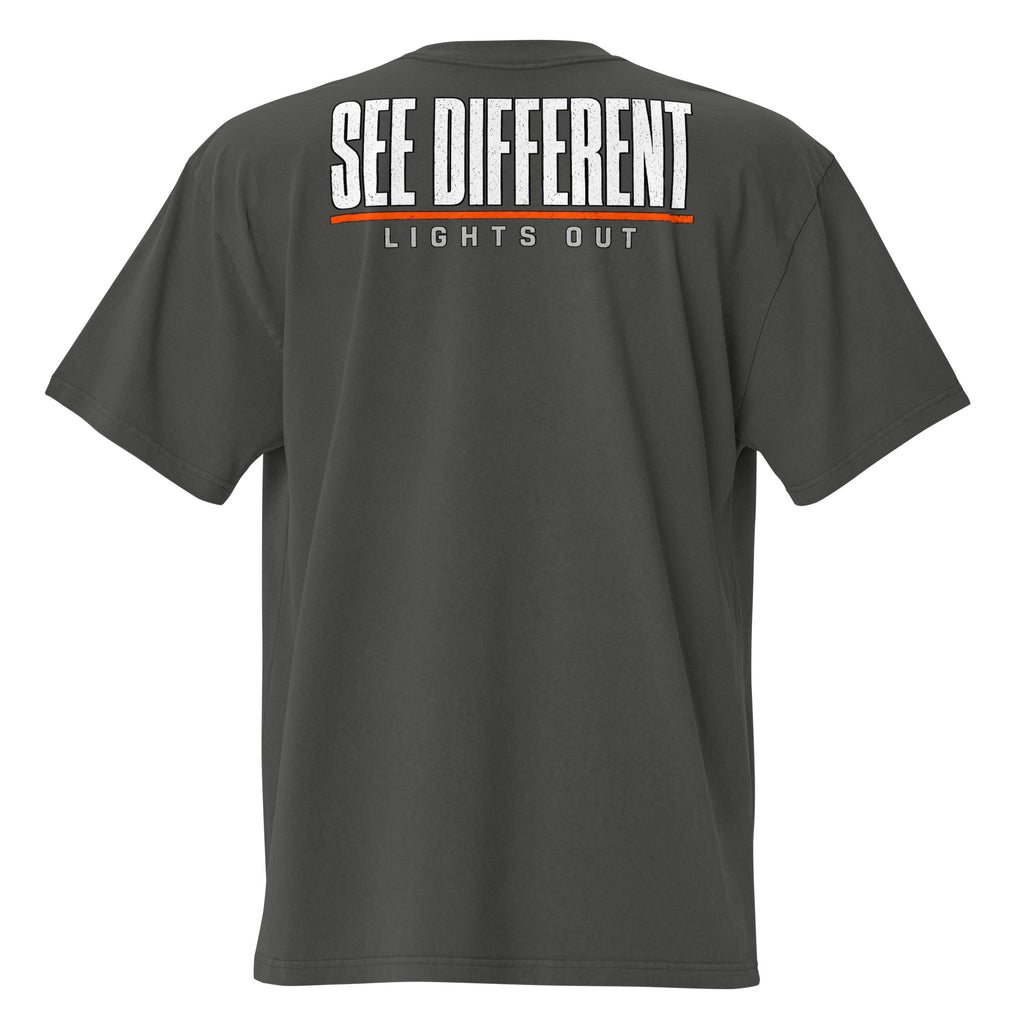 Lights Out Heavyweight Tee in Faded Coal, back, white SEE DIFFERENT print
