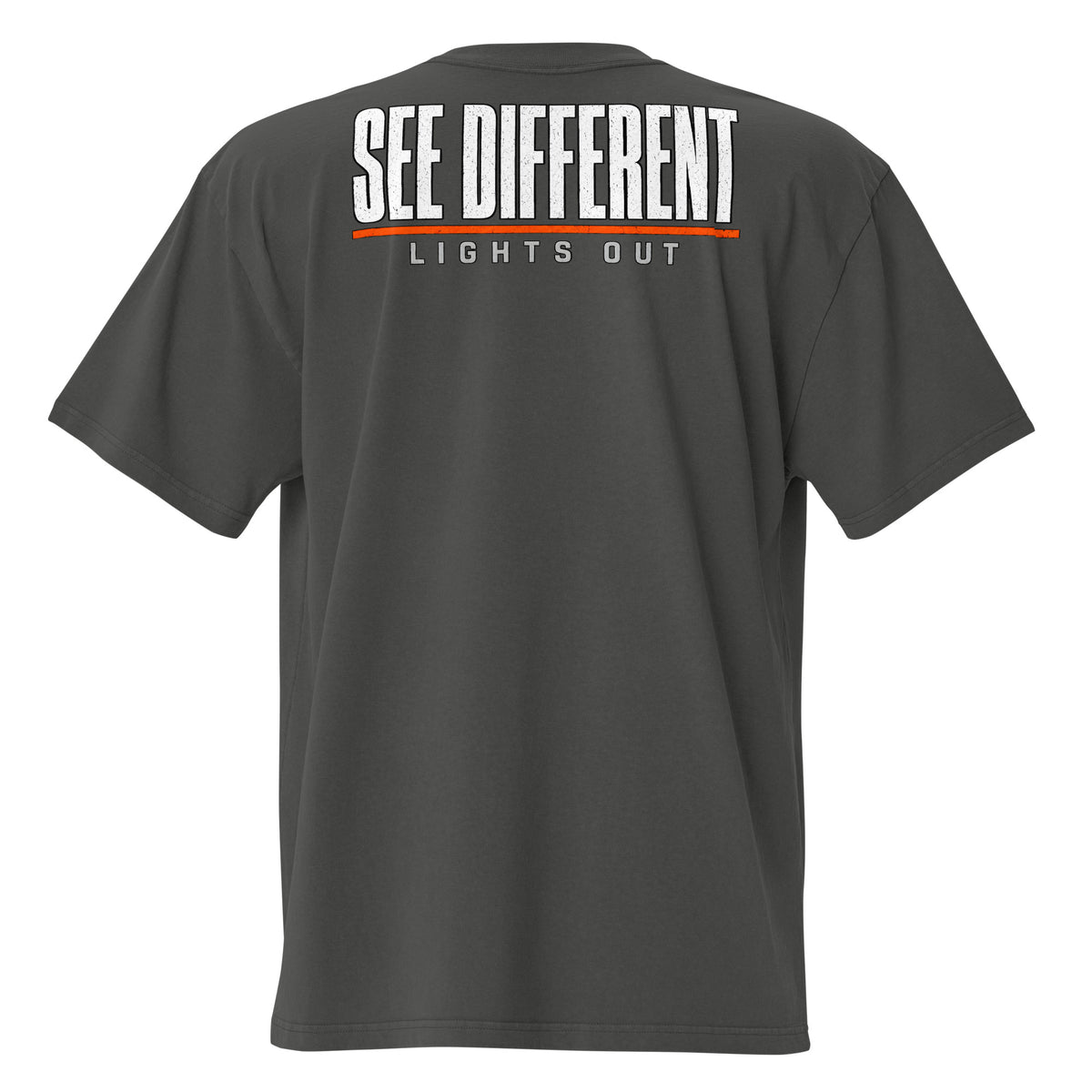 Lights Out Heavyweight Tee in Faded Coal, back, white SEE DIFFERENT print