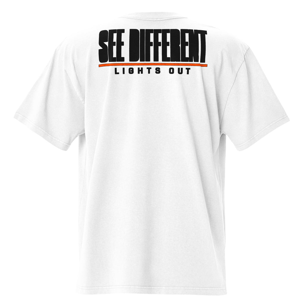 Lights Out Heavyweight Tee – Front + Back (White) in Faded White, back, solid black SEE DIFFERENT print with neon orange line