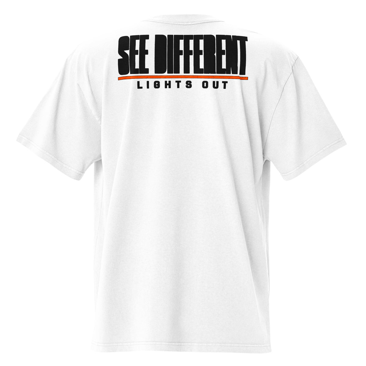 Lights Out Heavyweight Tee – Front + Back (White) in Faded White, back, solid black SEE DIFFERENT print with neon orange line