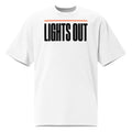 Lights Out Heavyweight Tee in Faded White, front, black LIGHTS OUT logo with neon orange line