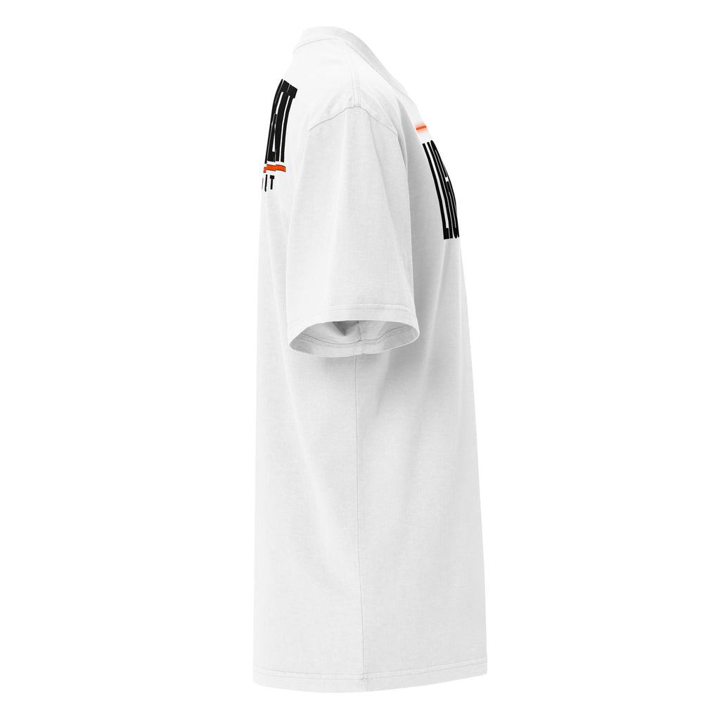 Lights Out Heavyweight Tee – Front + Back (White) in Faded White, right side, black LIGHTS OUT logo with neon orange line