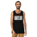 Lights Out Premium Singlet in Black, front, white LIGHTS OUT logo with neon orange line