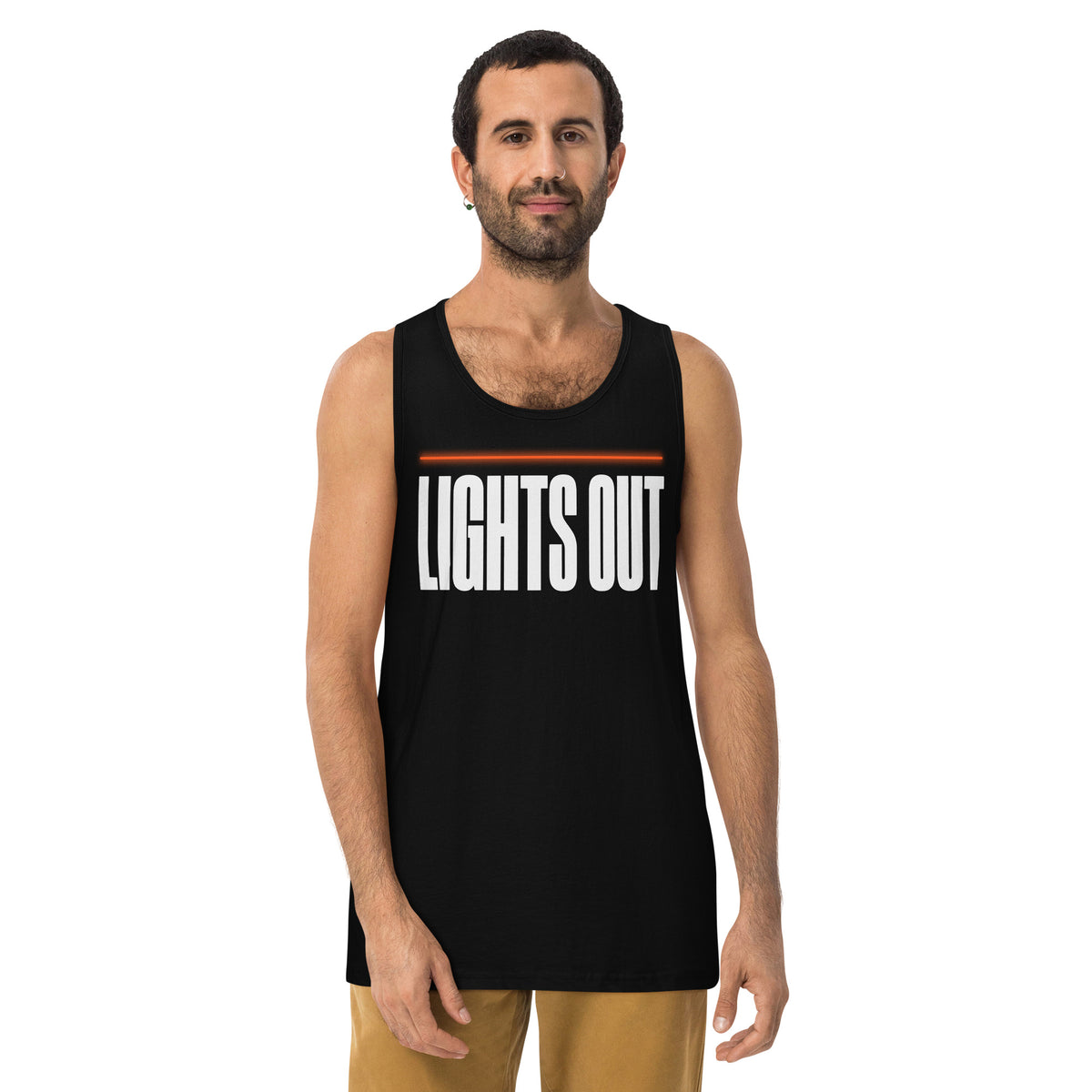 Lights Out Premium Singlet in Black, front, white LIGHTS OUT logo with neon orange line