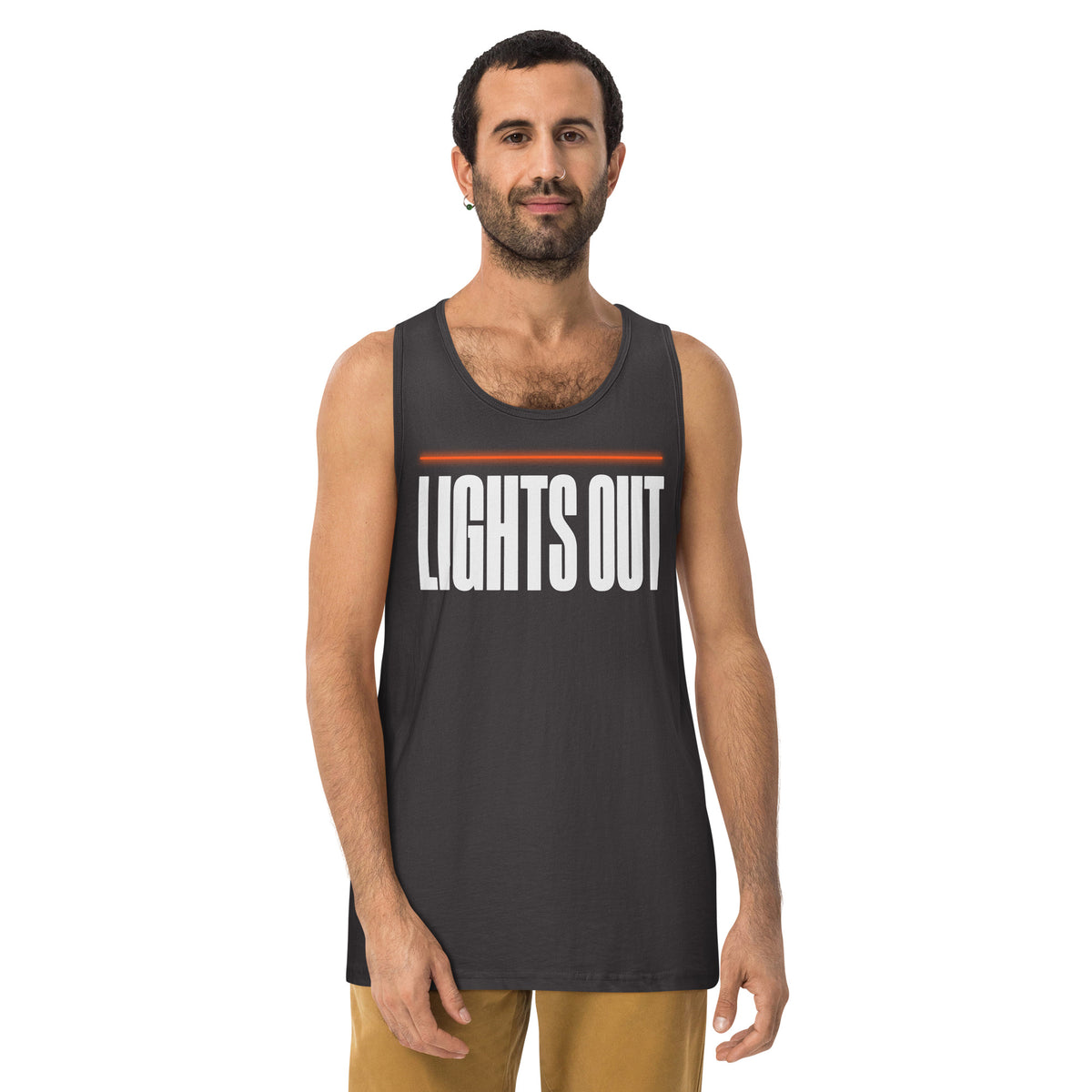 Lights Out Premium Singlet in Charcoal Heather, front, white LIGHTS OUT logo with neon orange line