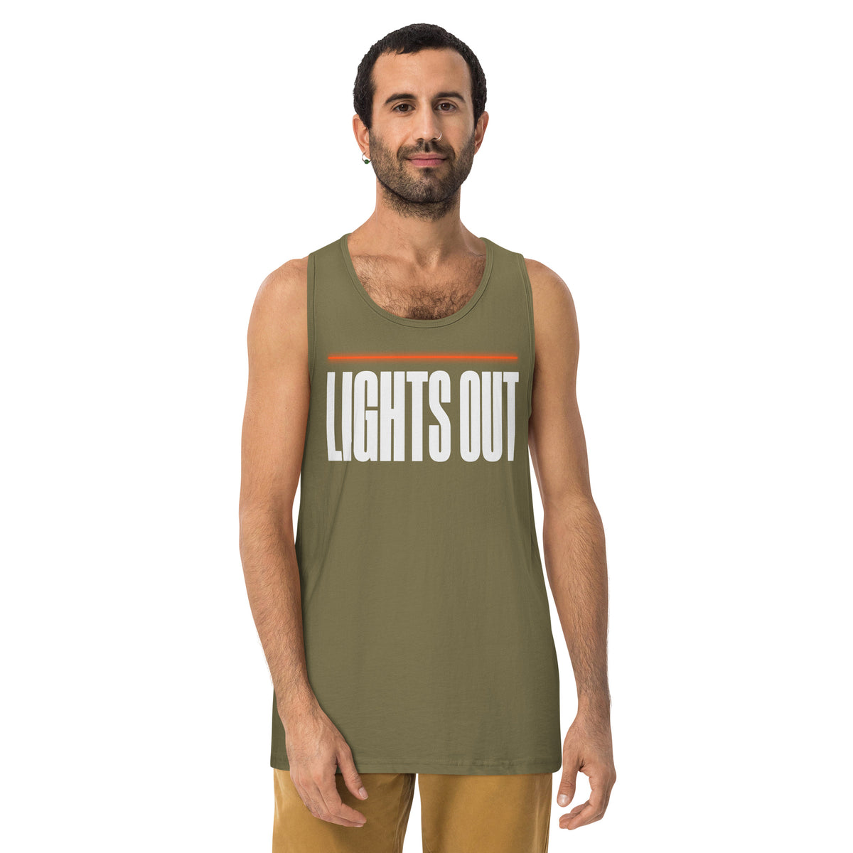 Lights Out Premium Singlet in Military Green, front, white LIGHTS OUT logo with neon orange line