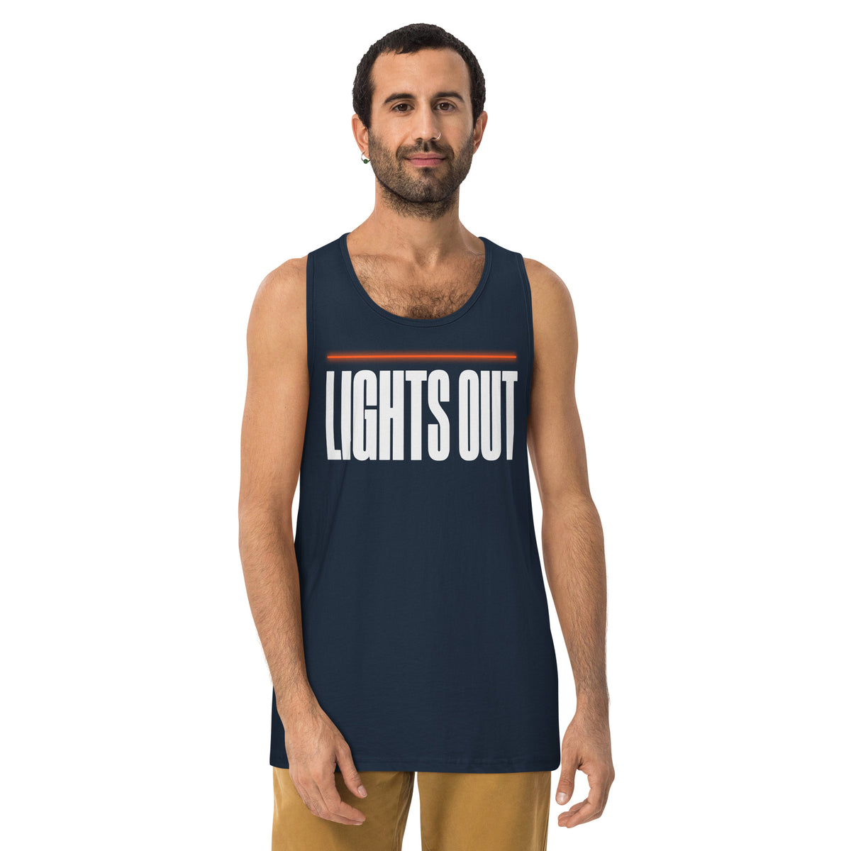 Lights Out Premium Singlet in Navy, front, white LIGHTS OUT logo with neon orange line