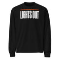 Lights Out Premium Heavyweight Long Sleeve in Black, front, white LIGHTS OUT logo with neon orange line