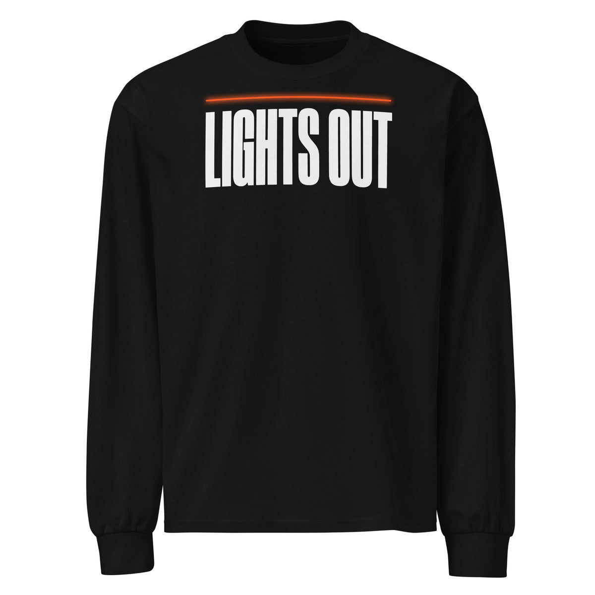 Lights Out Premium Heavyweight Long Sleeve in Black, front, white LIGHTS OUT logo with neon orange line