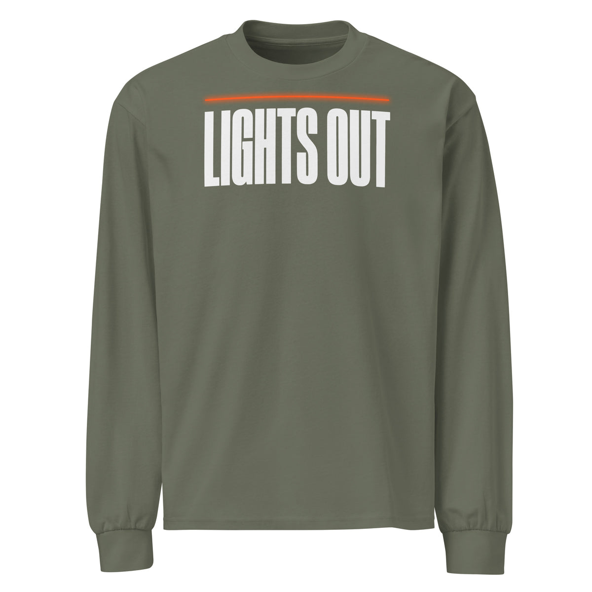 Lights Out Premium Heavyweight Long Sleeve in Cypress, front, white LIGHTS OUT logo with neon orange line
