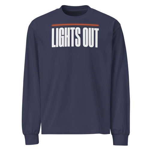 Lights Out Premium Heavyweight Long Sleeve in Midnight Blue, front, white LIGHTS OUT logo with neon orange line