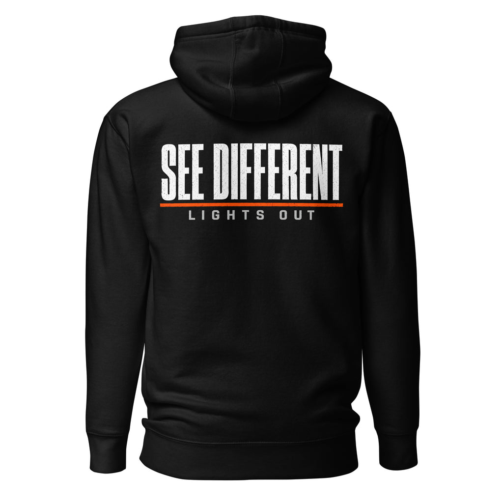 Lights Out Heavyweight Hoodie in Black, back, white SEE DIFFERENT print