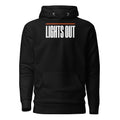 Lights Out Heavyweight Hoodie in Black, front, white LIGHTS OUT logo with neon orange line