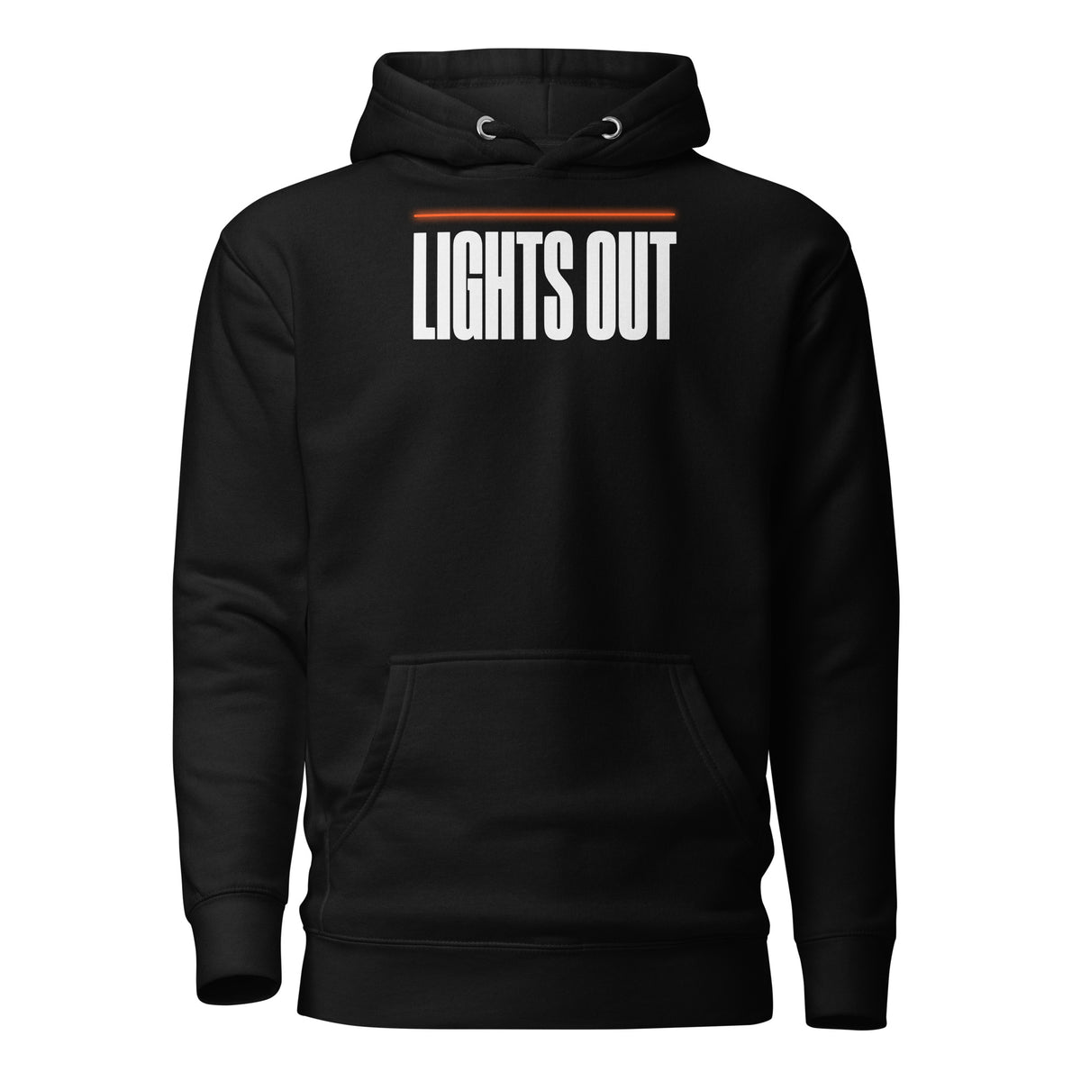 Lights Out Heavyweight Hoodie in Black, front, white LIGHTS OUT logo with neon orange line