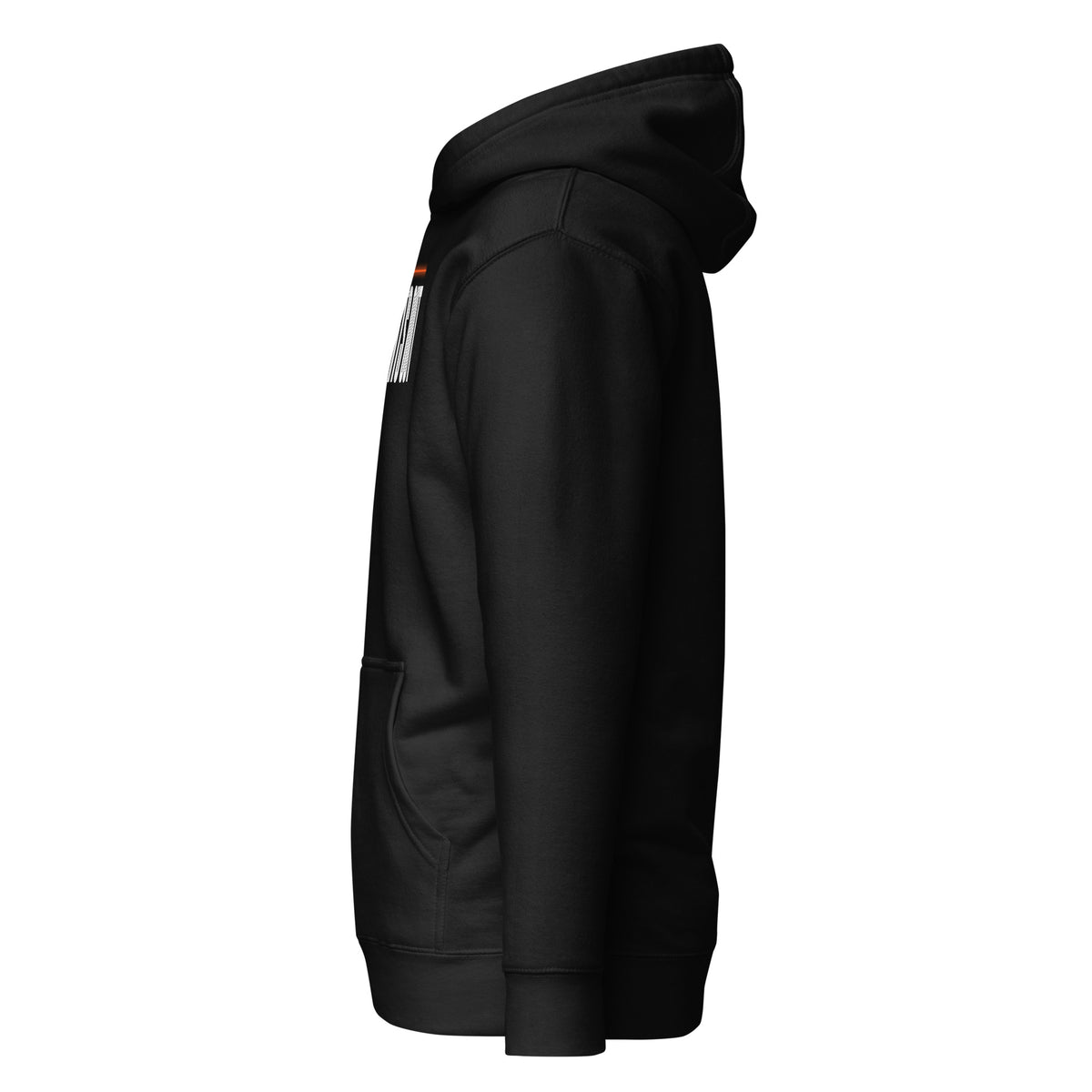 Lights Out Heavyweight Hoodie in Black, side, white LIGHTS OUT logo with neon orange line