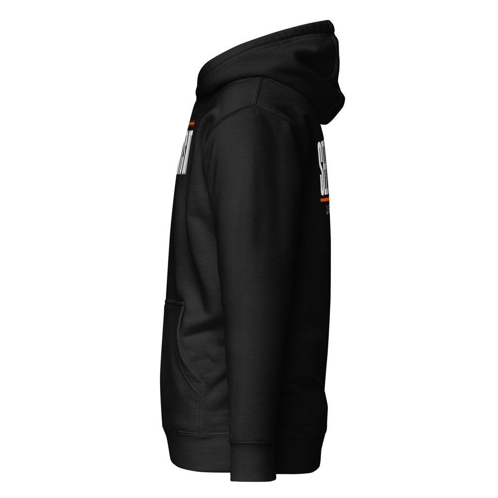 Lights Out Heavyweight Hoodie in Black, left side, white LIGHTS OUT chest print and SEE DIFFERENT back print seen edge-on
