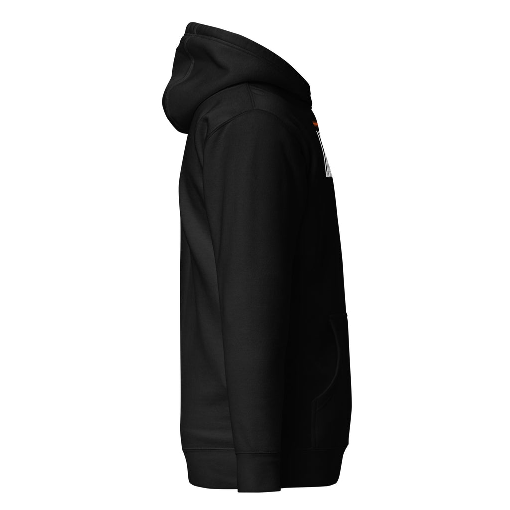 Lights Out Heavyweight Hoodie in Black, side, white LIGHTS OUT logo with neon orange line