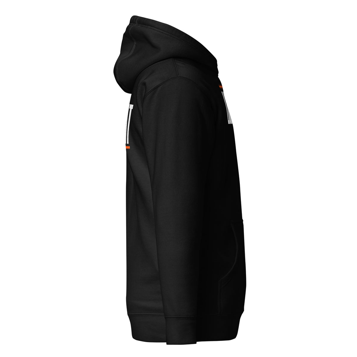 Lights Out Heavyweight Hoodie in Black, right side, white LIGHTS OUT chest print and SEE DIFFERENT back print seen edge-on