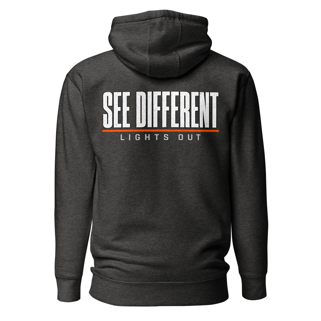 Lights Out Heavyweight Hoodie in Charcoal Heather, back, white SEE DIFFERENT print