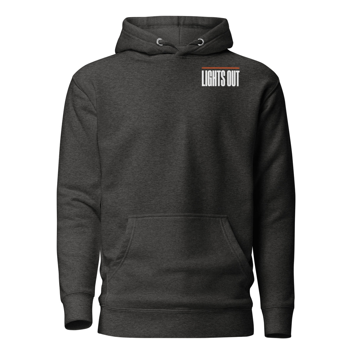 Lights Out Heavyweight Hoodie in Charcoal Heather, front, small white LIGHTS OUT left-chest logo