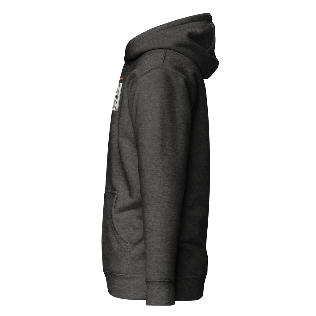 Lights Out Heavyweight Hoodie in Charcoal Heather, side, white LIGHTS OUT logo with neon orange line