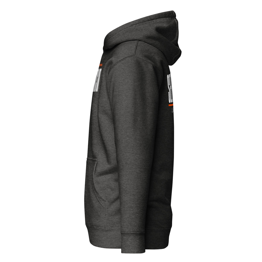 Lights Out Heavyweight Hoodie in Charcoal Heather, left side, white LIGHTS OUT chest print and SEE DIFFERENT back print seen edge-on