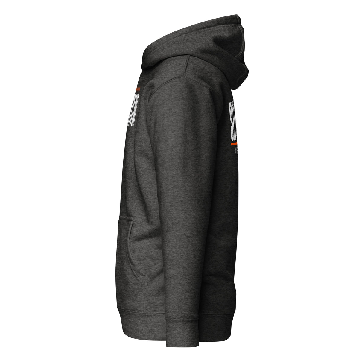 Lights Out Heavyweight Hoodie in Charcoal Heather, left side, white LIGHTS OUT chest print and SEE DIFFERENT back print seen edge-on