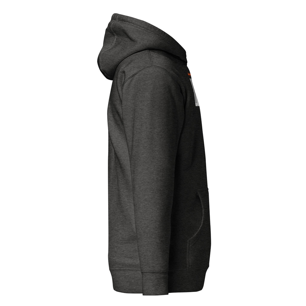 Lights Out Heavyweight Hoodie in Charcoal Heather, side, white LIGHTS OUT logo with neon orange line