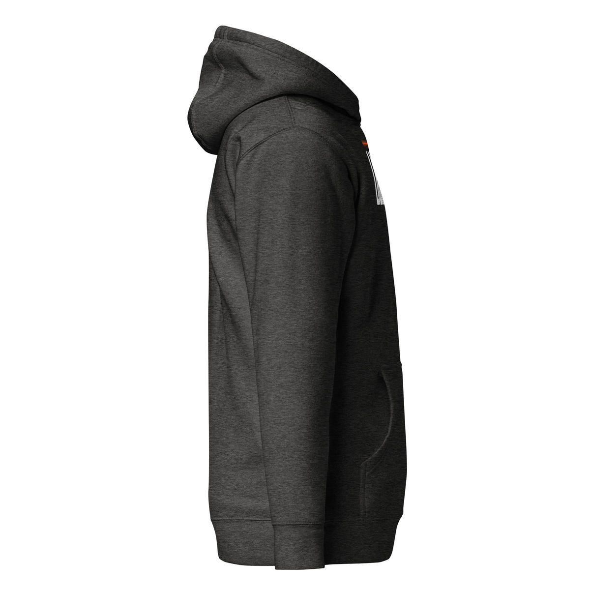 Lights Out Heavyweight Hoodie in Charcoal Heather, side, white LIGHTS OUT logo with neon orange line