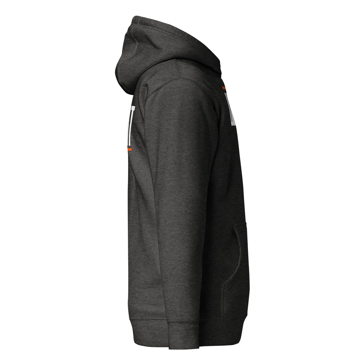 Lights Out Heavyweight Hoodie in Charcoal Heather, right side, white LIGHTS OUT chest print and SEE DIFFERENT back print seen edge-on