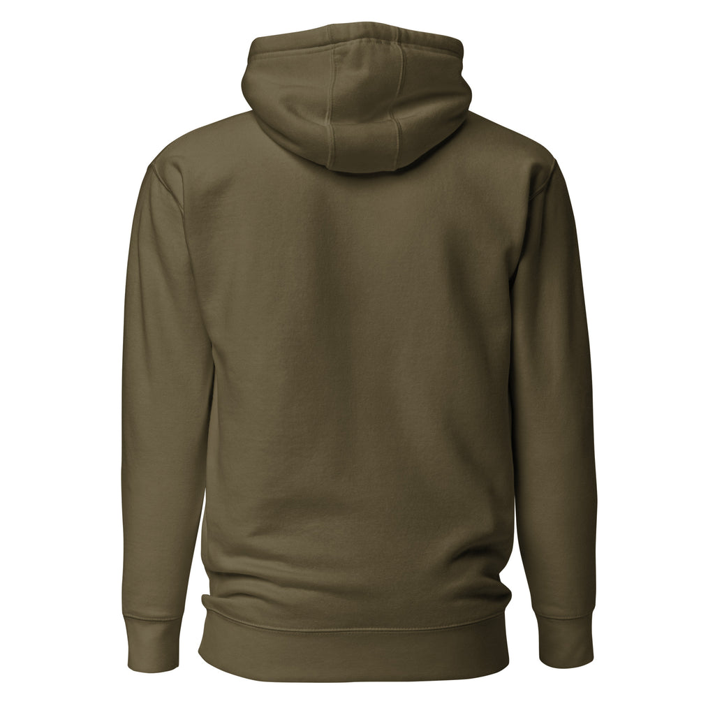 Lights Out Heavyweight Hoodie in Military Green, back, white SEE DIFFERENT print