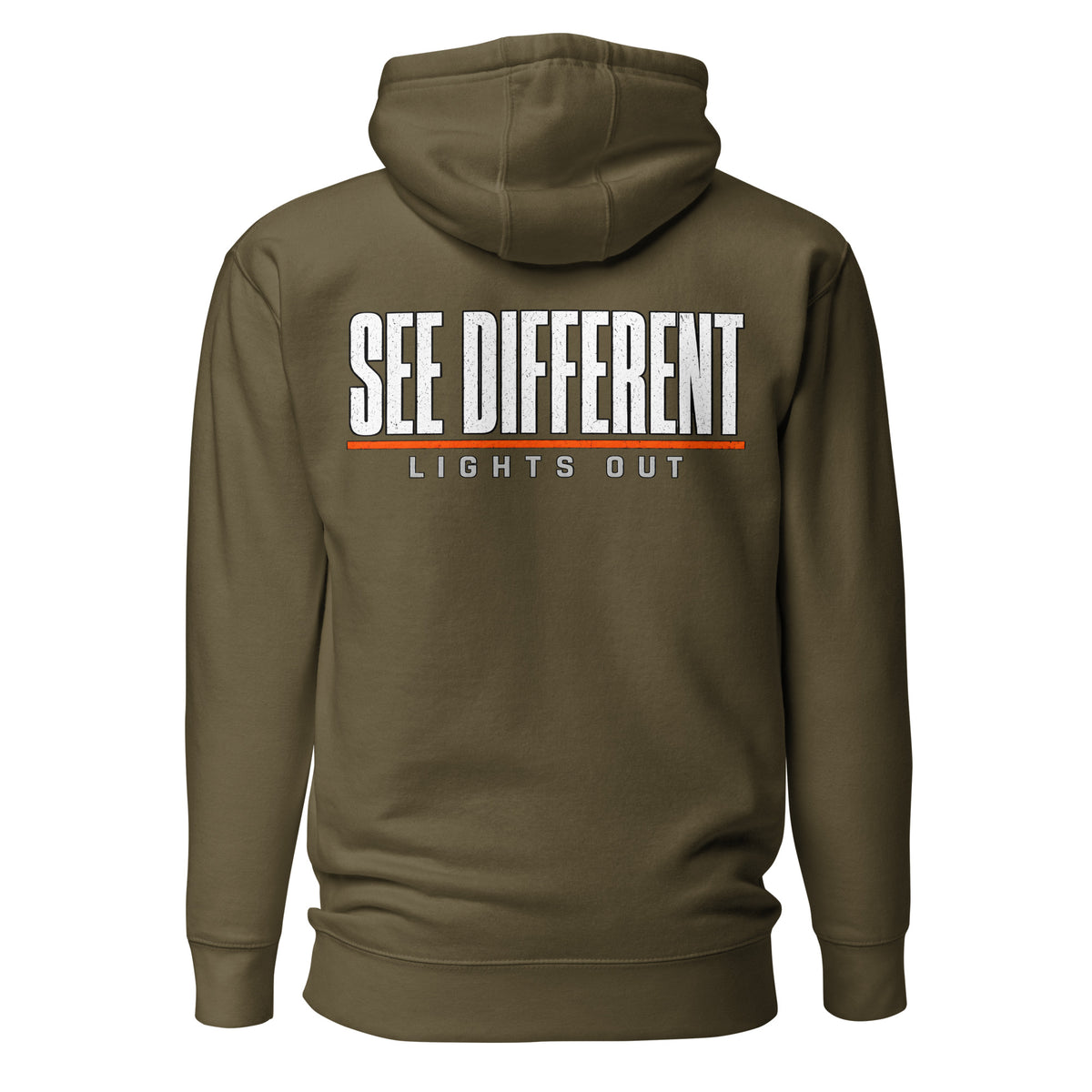 Lights Out Heavyweight Hoodie in Military Green, back, white SEE DIFFERENT print