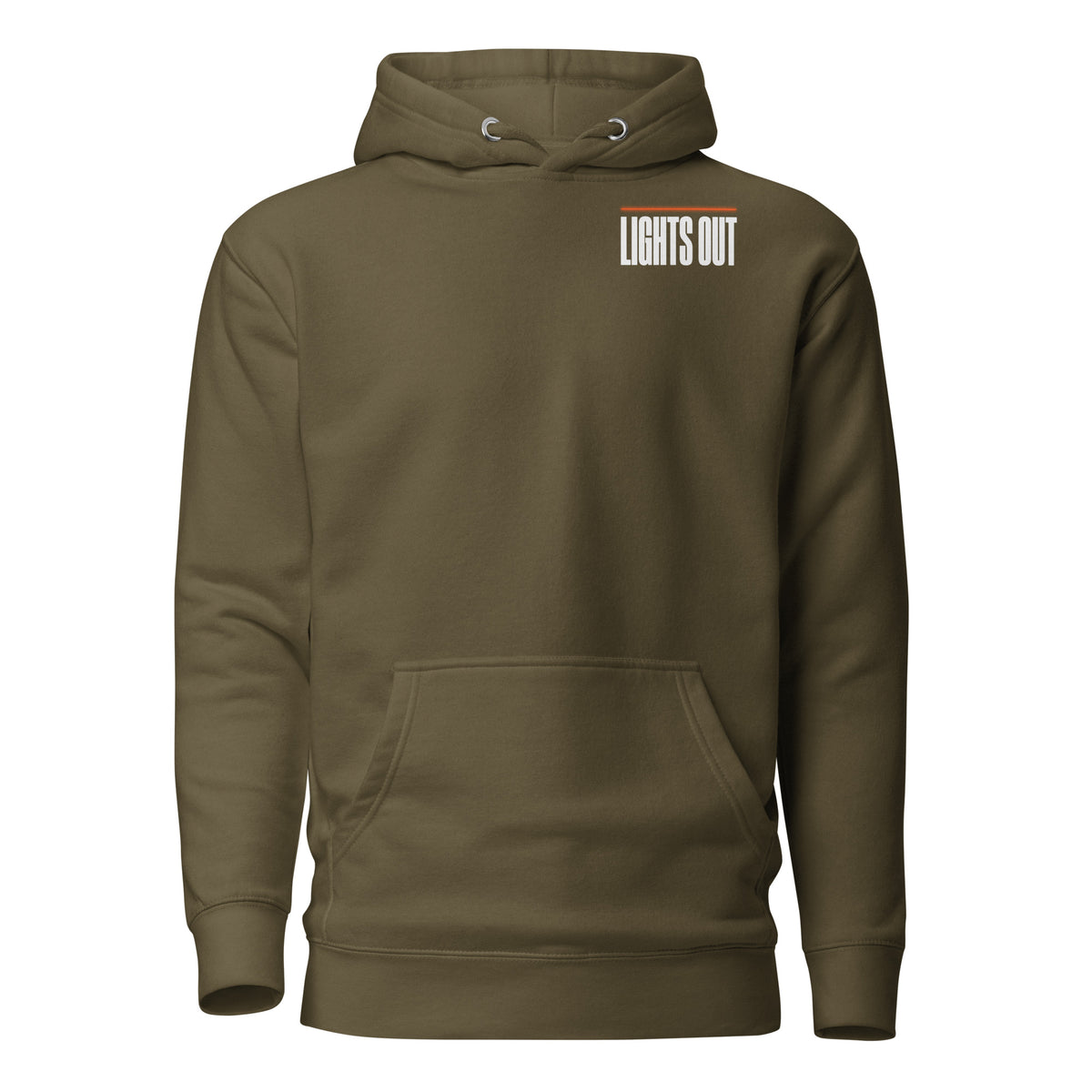 Lights Out Heavyweight Hoodie in Military Green, front, small white LIGHTS OUT left-chest logo