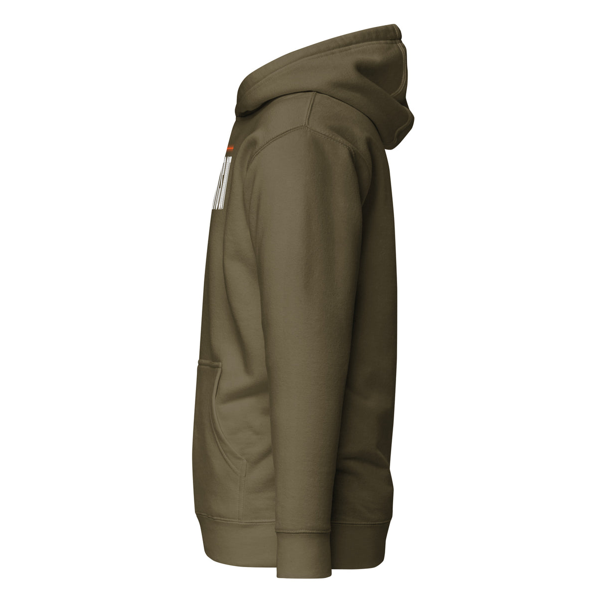 Lights Out Heavyweight Hoodie in Military Green, side, white LIGHTS OUT logo with neon orange line
