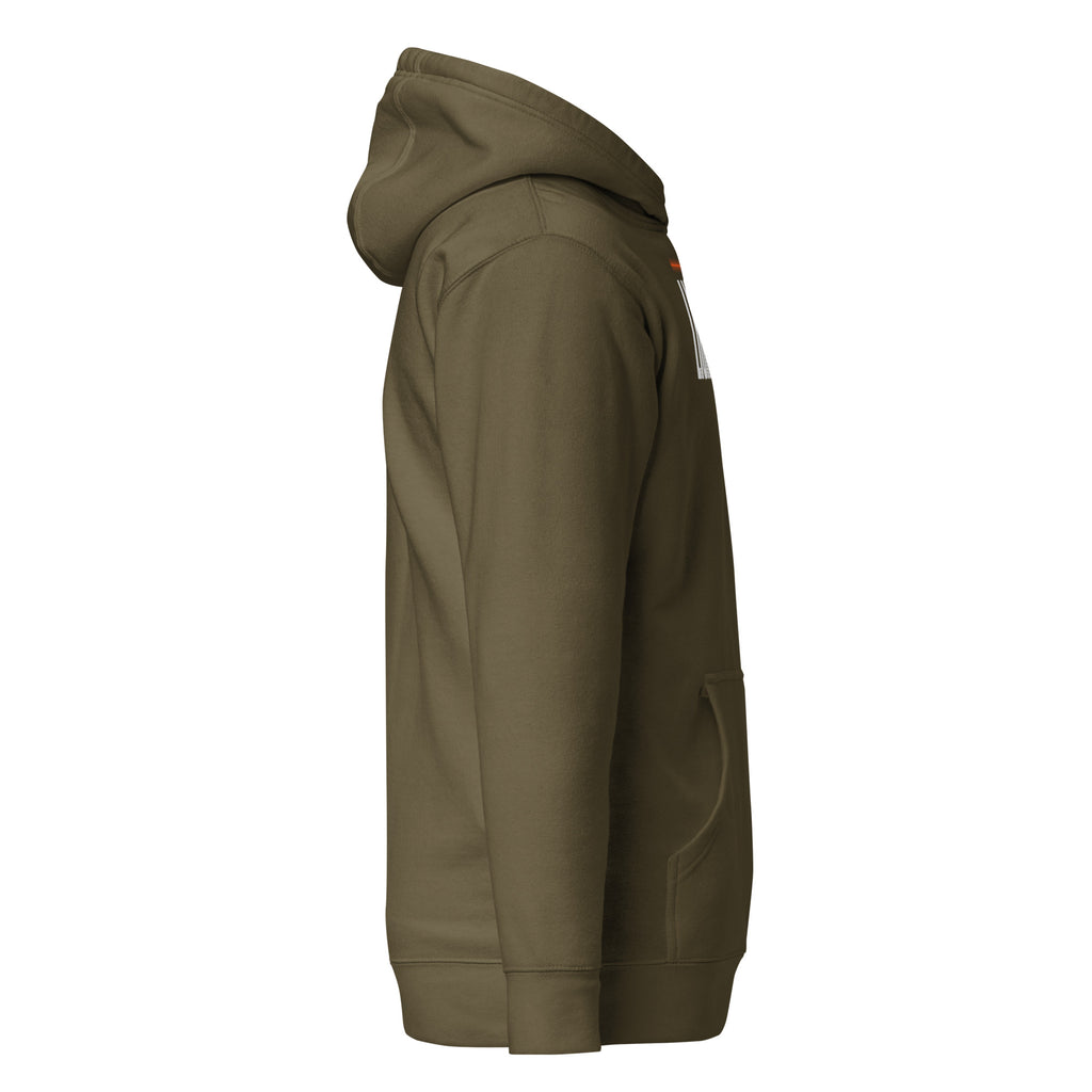Lights Out Heavyweight Hoodie in Military Green, side, white LIGHTS OUT logo with neon orange line