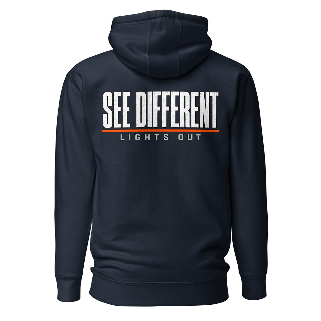 Lights Out Heavyweight Hoodie in Navy Blazer, back, white SEE DIFFERENT print