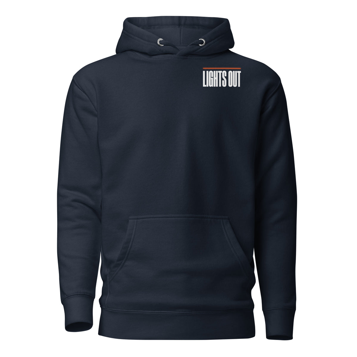 Lights Out Heavyweight Hoodie in Navy Blazer, front, small white LIGHTS OUT left-chest logo