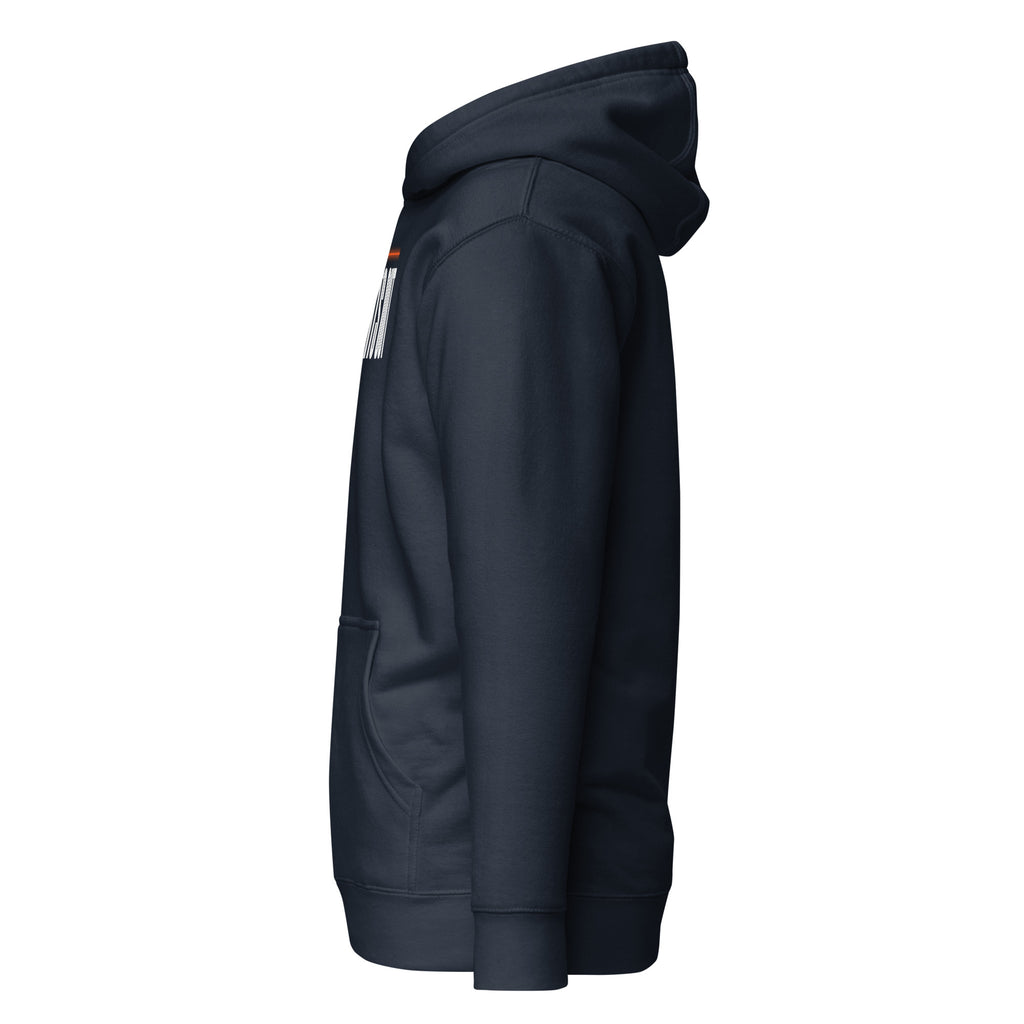 Lights Out Heavyweight Hoodie in Navy Blazer, side, white LIGHTS OUT logo with neon orange line