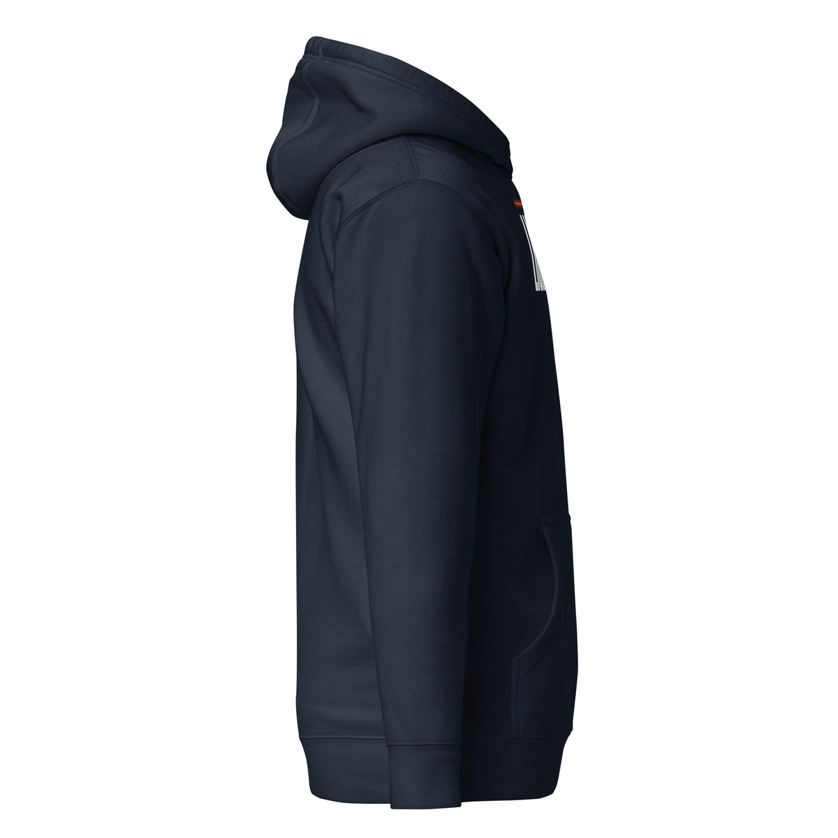 Lights Out Heavyweight Hoodie in Navy Blazer, side, white LIGHTS OUT logo with neon orange line