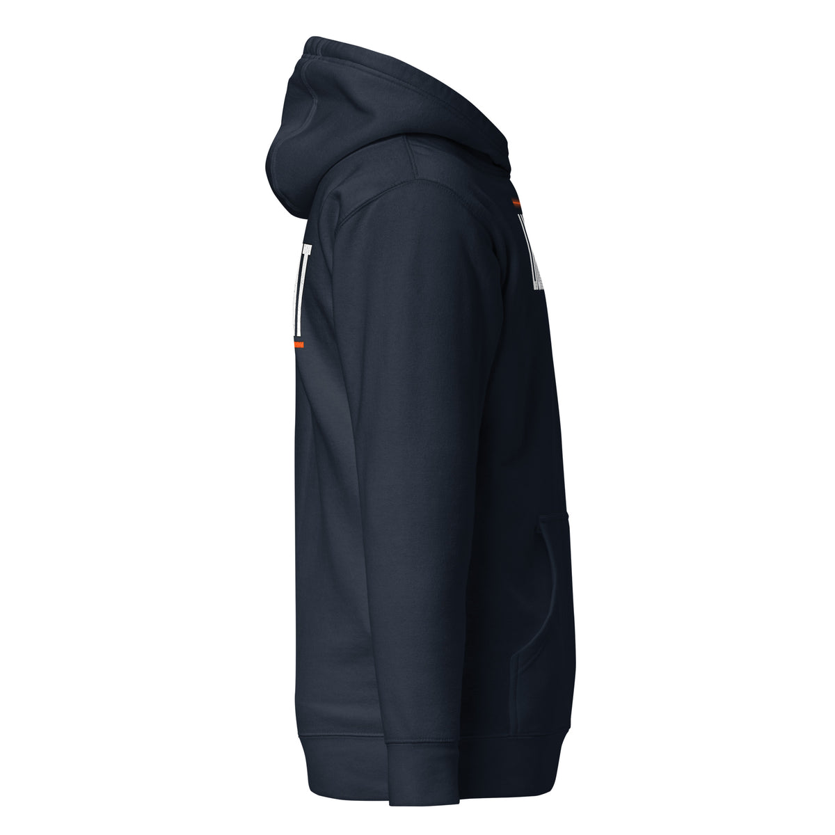 Lights Out Heavyweight Hoodie in Navy Blazer, right side, white LIGHTS OUT chest print and SEE DIFFERENT back print seen edge-on